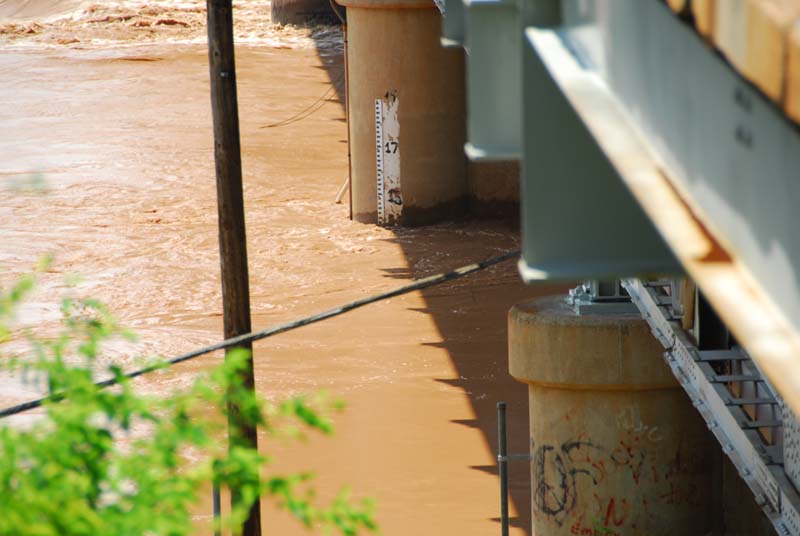 Picture of the staff gage at the Purcell river gage site.