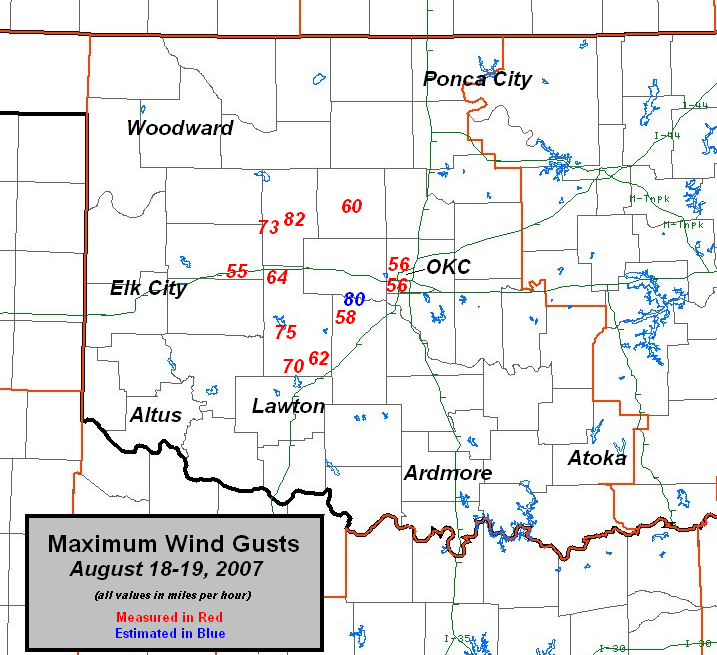 Maximum wind gusts associated with thunderstorm activity on August 18-19, 2007.