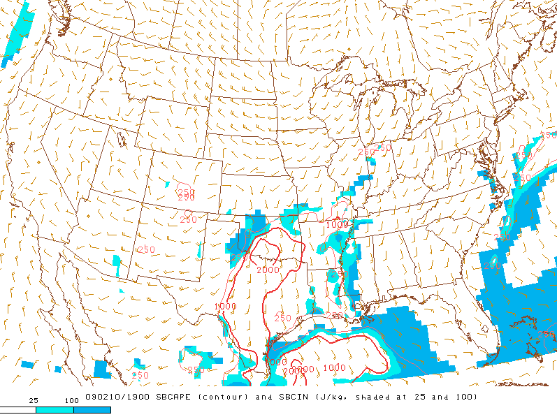 CAPE Contours at 1:00 pm CST, February 10, 2009