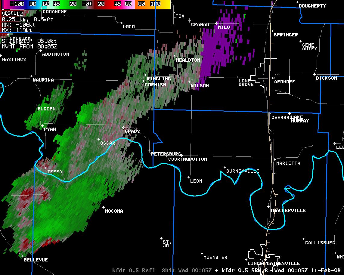 6:05 pm CST KFDR Storm Relative Velocity Image