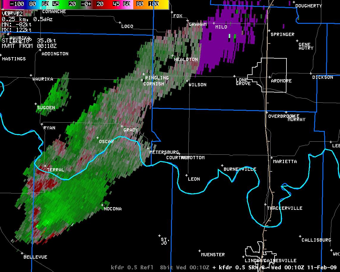 6:10 pm CST KFDR Storm Relative Velocity Image