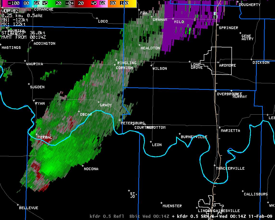 6:14 pm CST KFDR Storm Relative Velocity Image