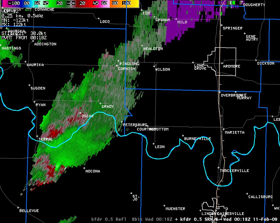 6:18 pm CST KFDR Storm Relative Velocity Image