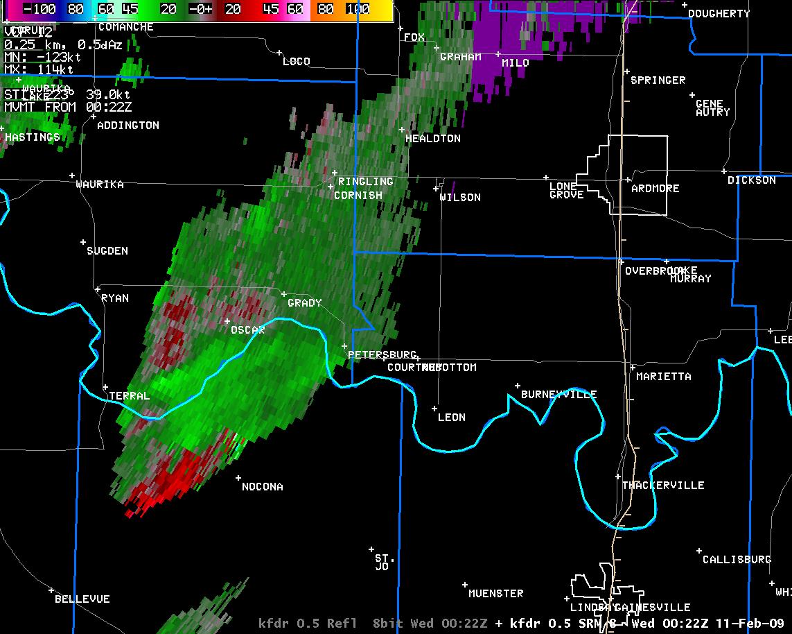 6:22 pm CST KFDR Storm Relative Velocity Image