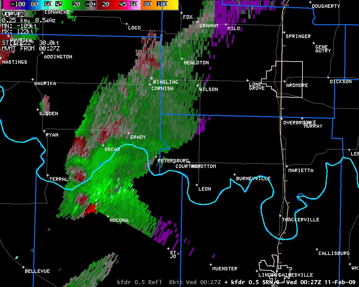 6:27 pm CST KFDR Storm Relative Velocity Image