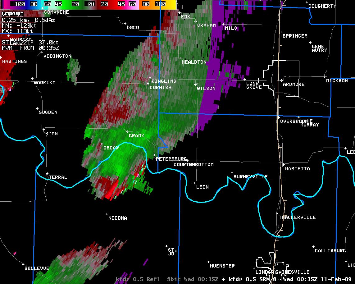 6:35 pm CST KFDR Storm Relative Velocity Image