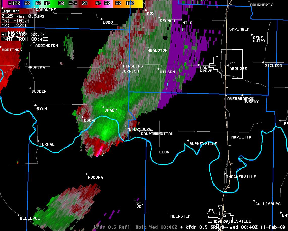 6:40 pm CST KFDR Storm Relative Velocity Image