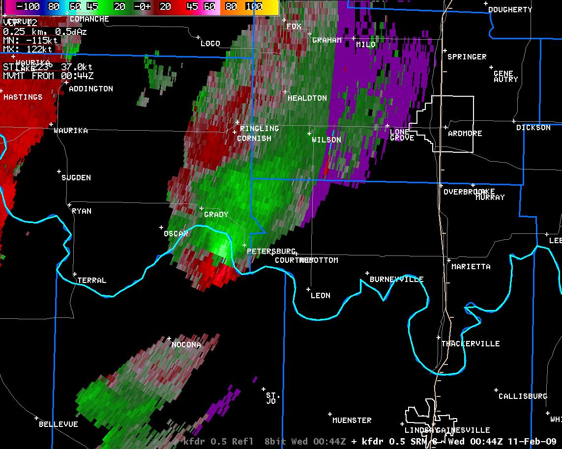 6:44 pm CST KFDR Storm Relative Velocity Image