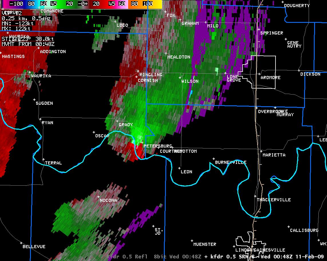 6:48 pm CST KFDR Storm Relative Velocity Image