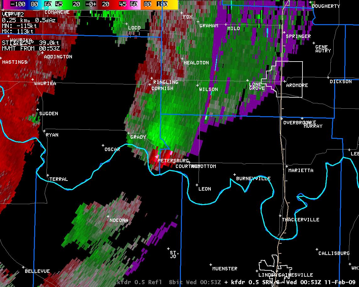 6:53 pm CST KFDR Storm Relative Velocity Image