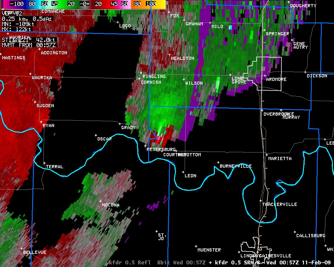 6:57 pm CST KFDR Storm Relative Velocity Image