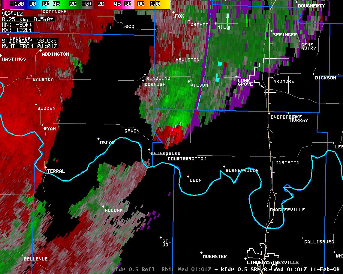 7:01 pm CST KFDR Storm Relative Velocity Image