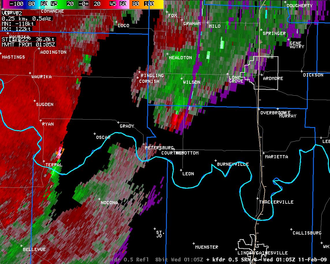 7:05 pm CST KFDR Storm Relative Velocity Image