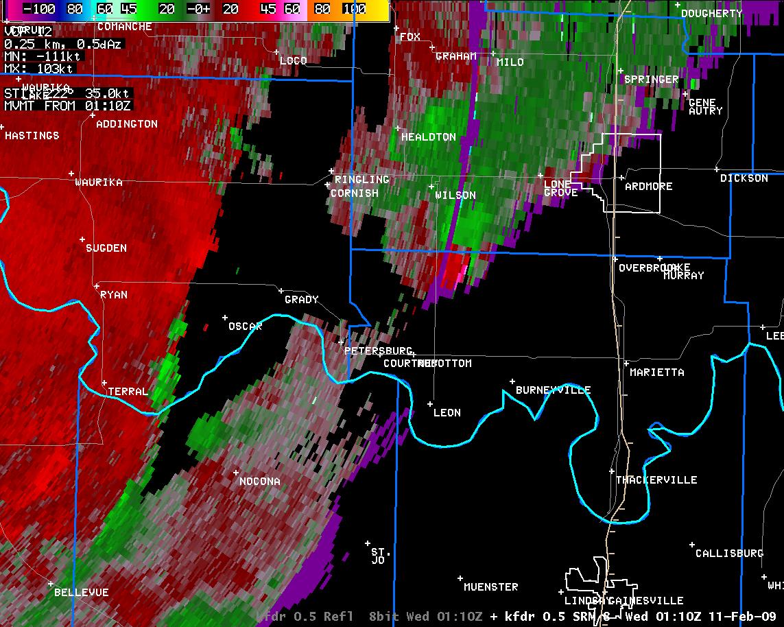 7:10 pm CST KFDR Storm Relative Velocity Image