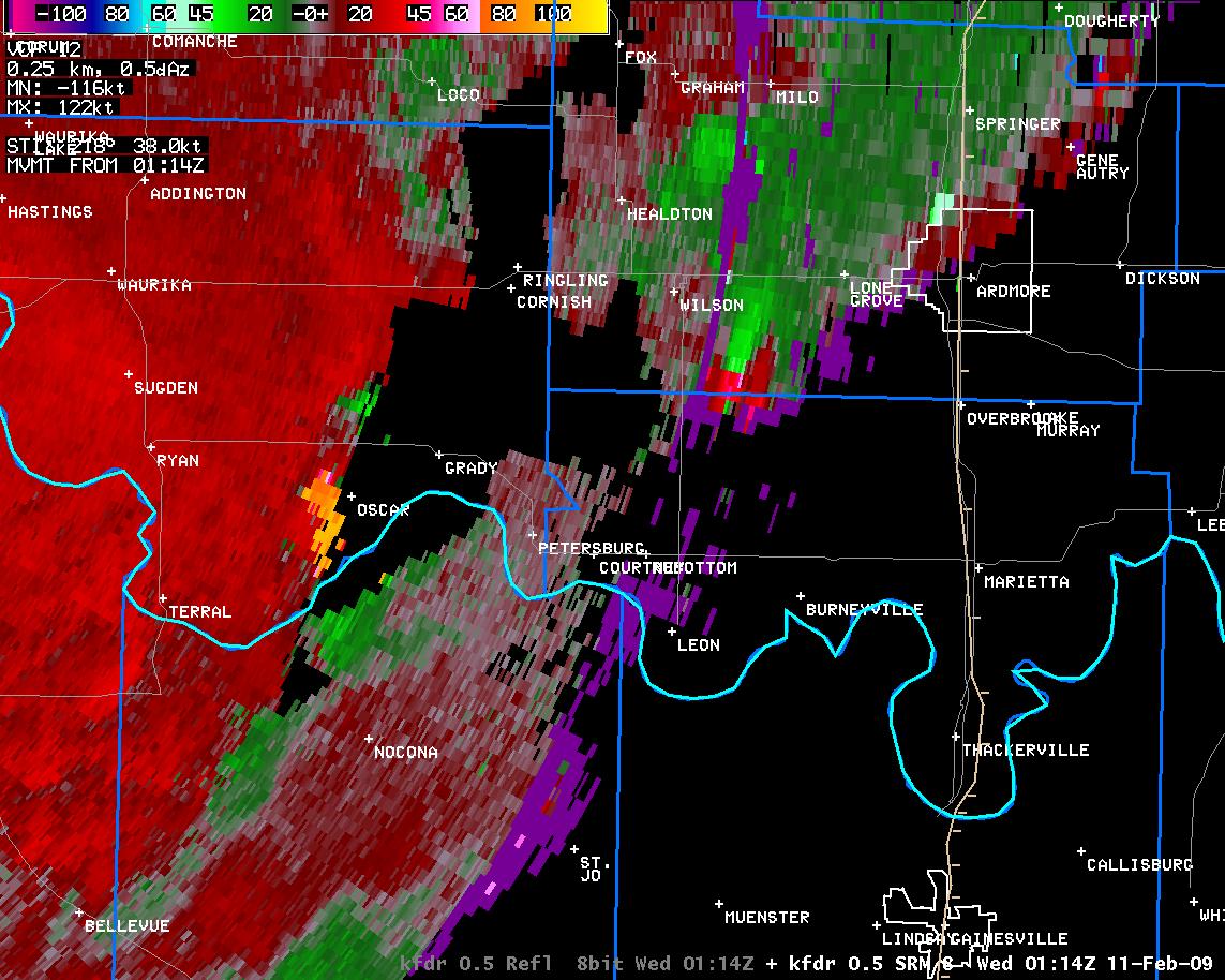 7:14 pm CST KFDR Storm Relative Velocity Image