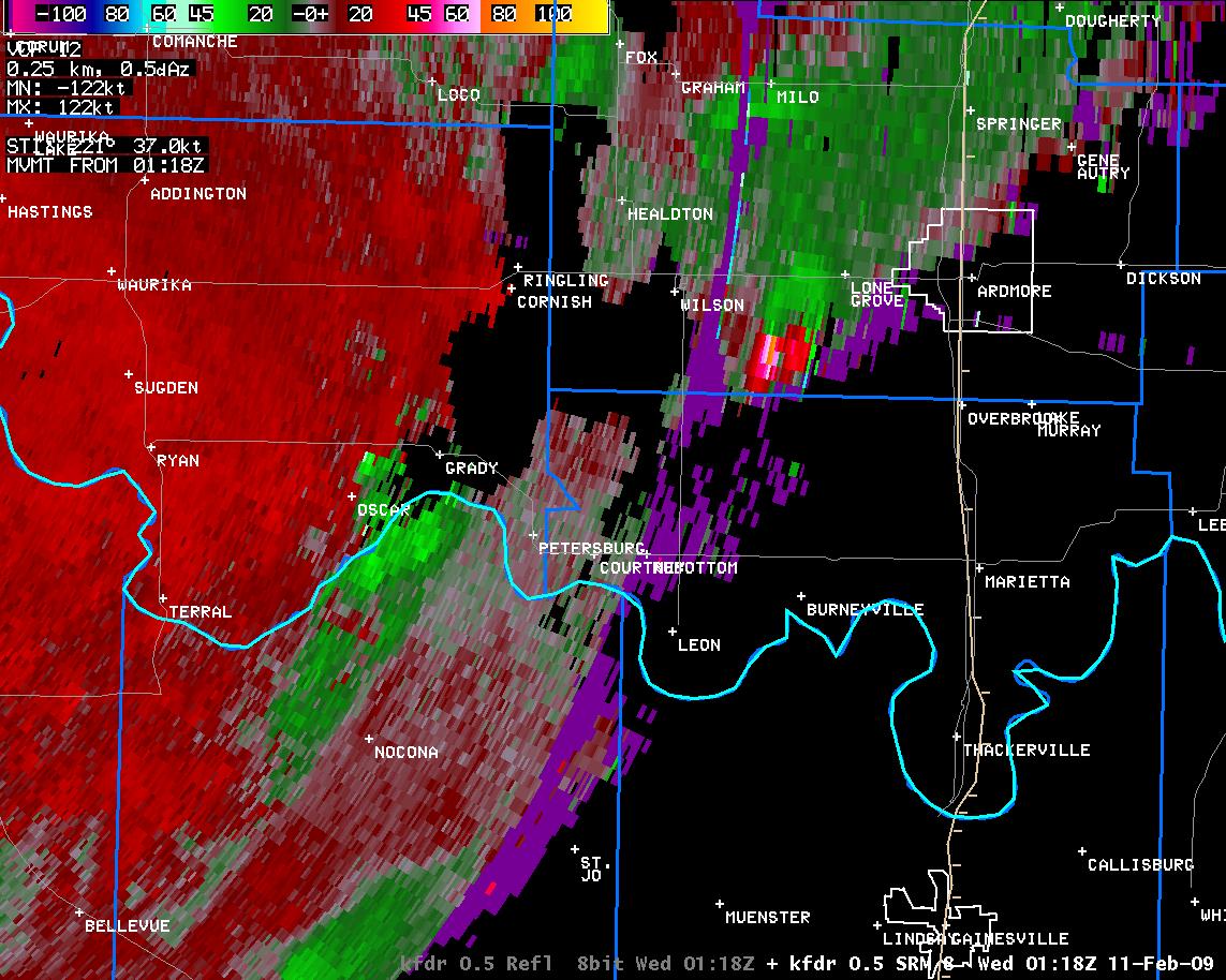 7:18 pm CST KFDR Storm Relative Velocity Image