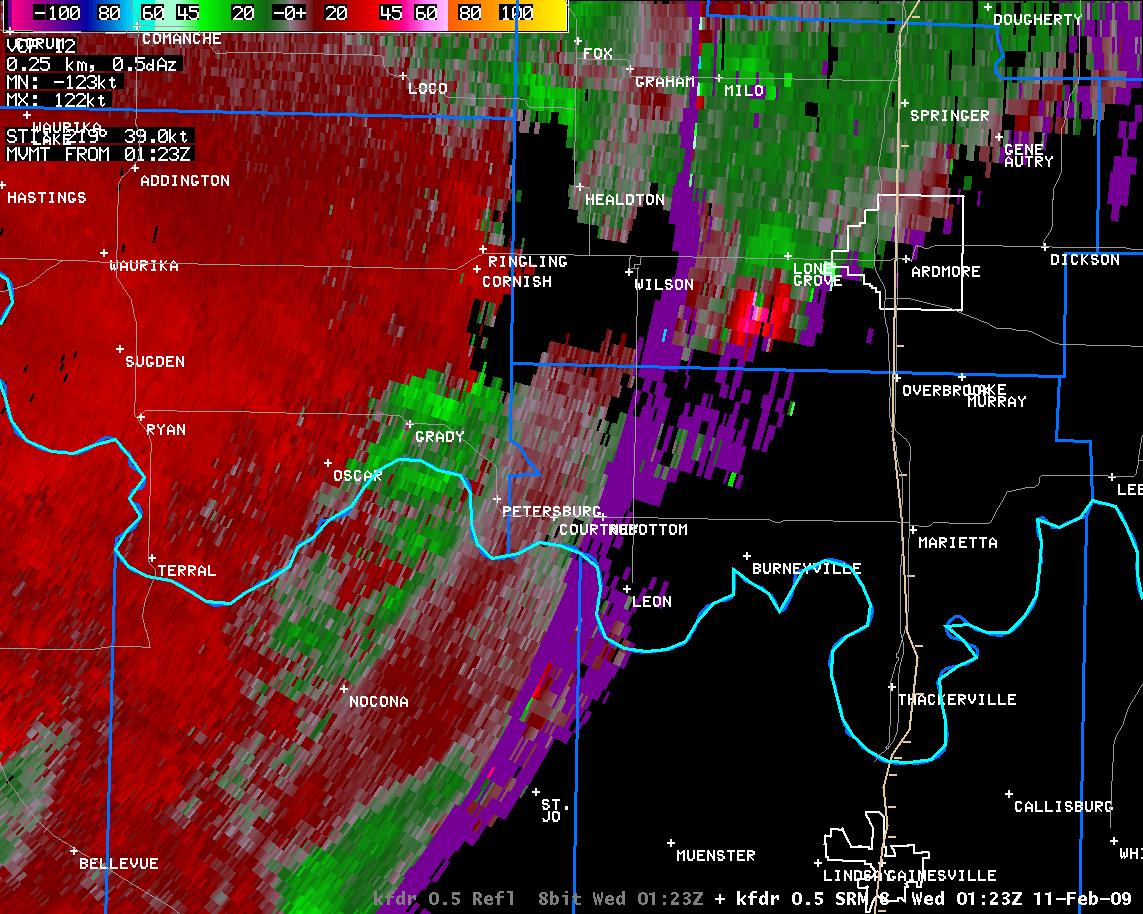 7:23 pm CST KFDR Storm Relative Velocity Image