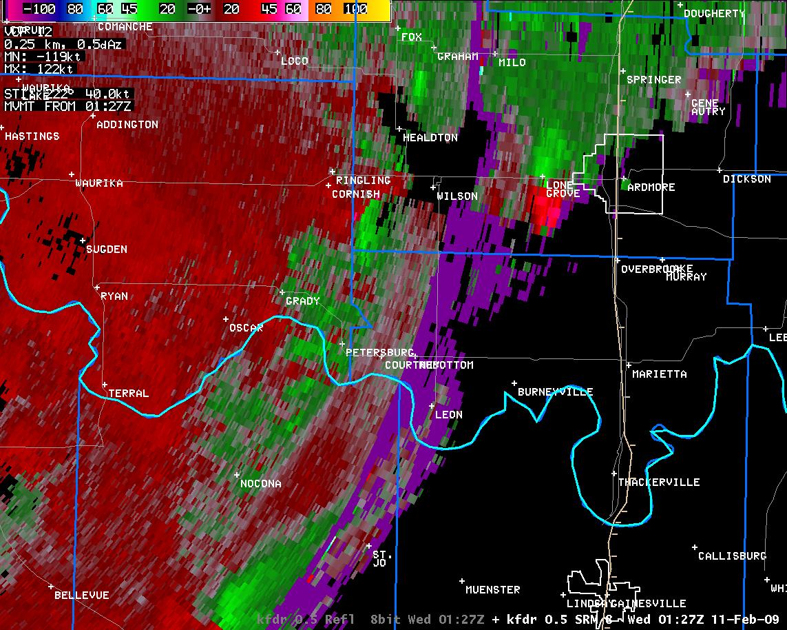 7:27 pm CST KFDR Storm Relative Velocity Image