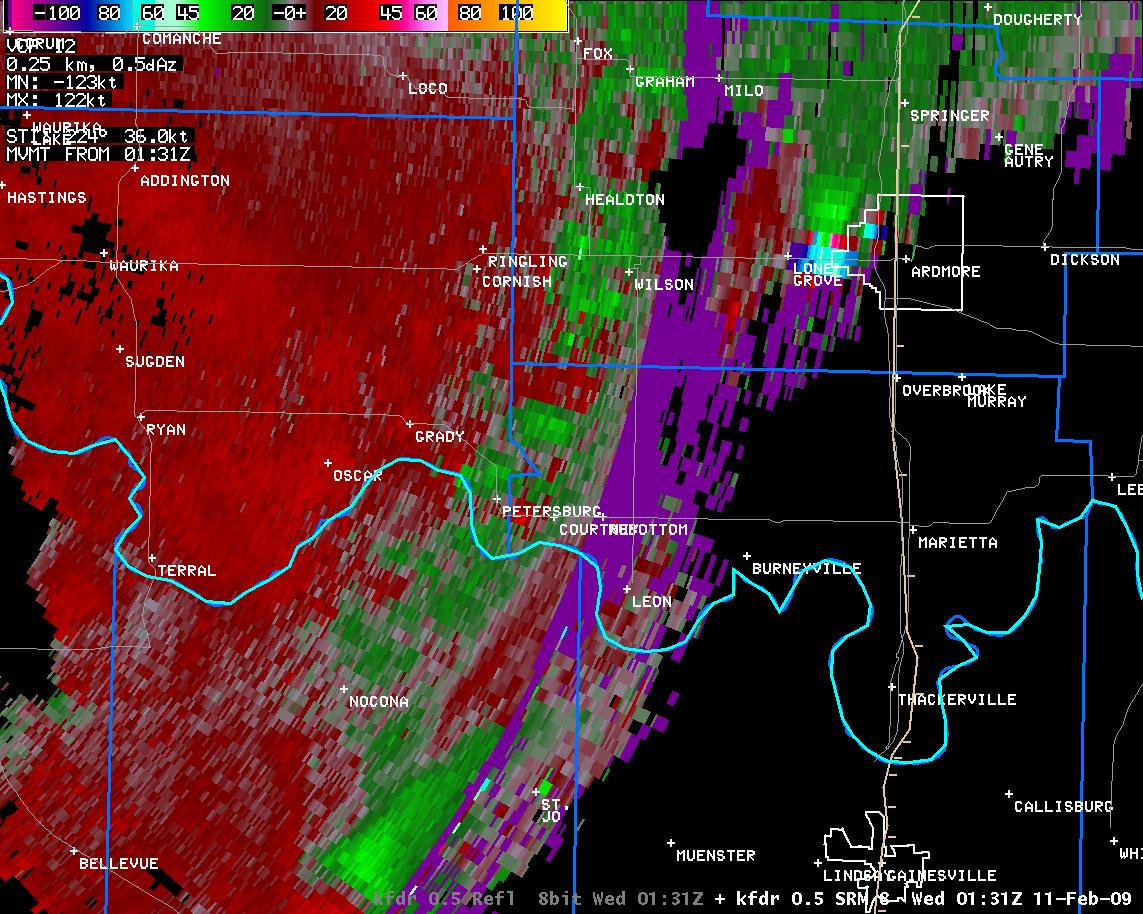 7:31 pm CST KFDR Storm Relative Velocity Image