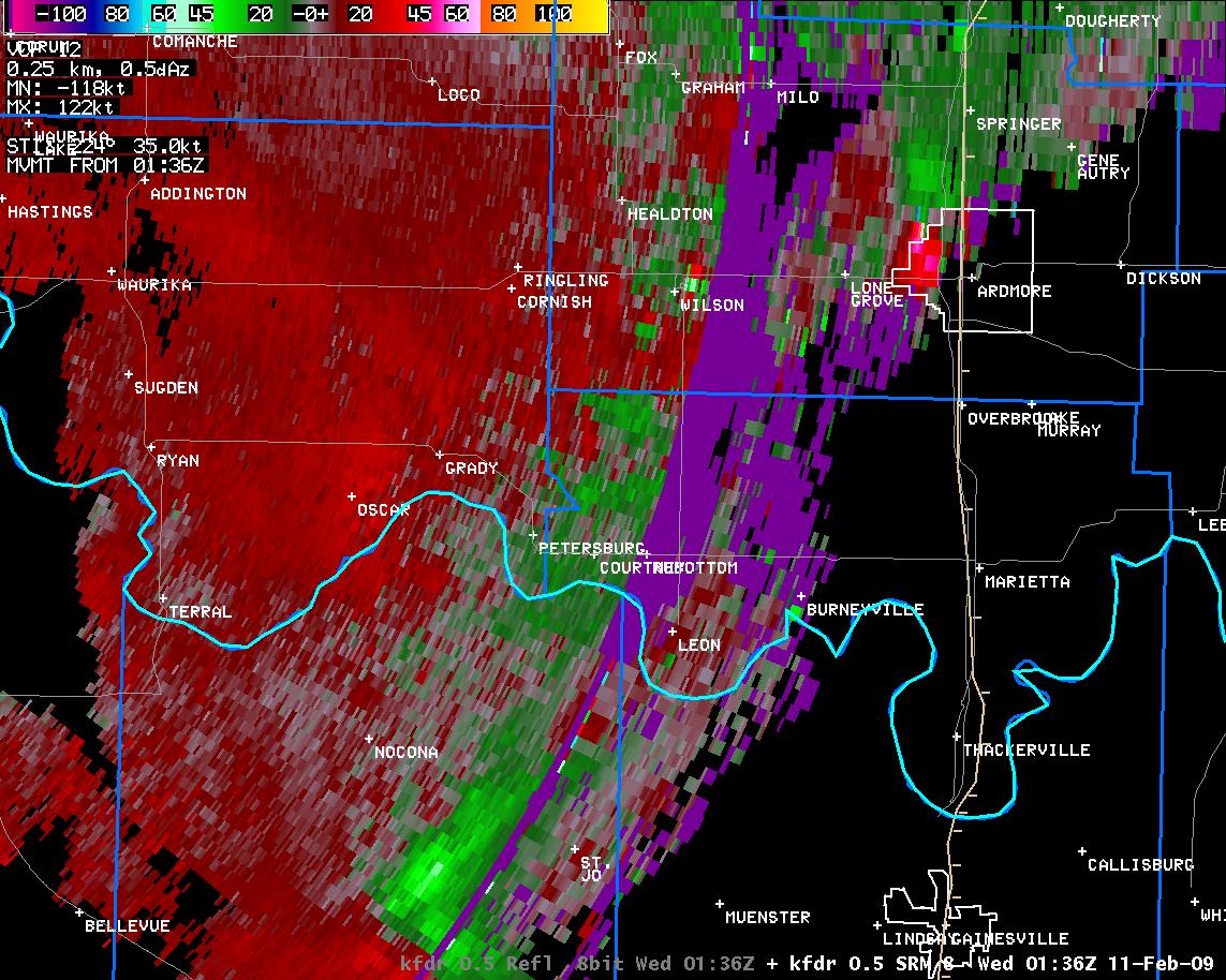 7:36 pm CST KFDR Storm Relative Velocity Image