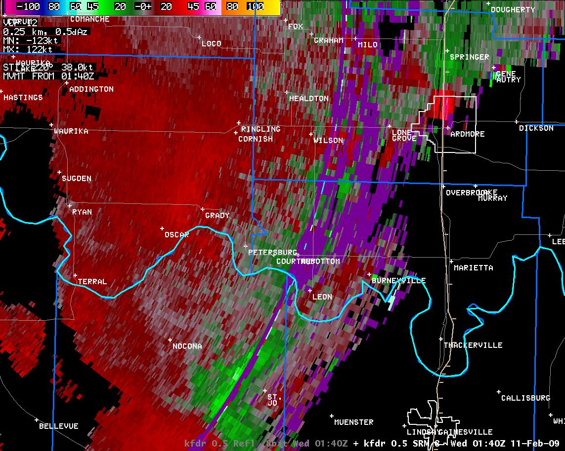 7:40 pm CST KFDR Storm Relative Velocity Image