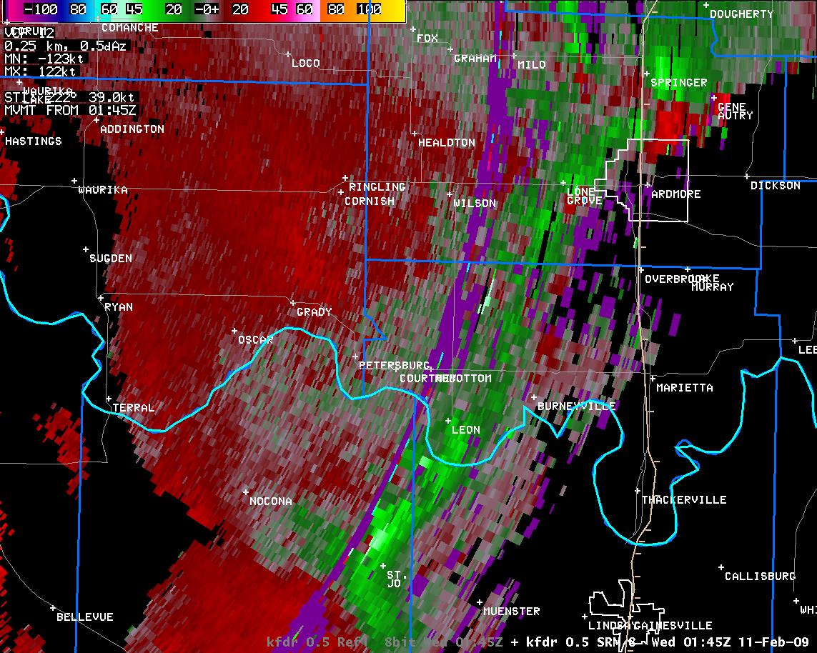 7:45 pm CST KFDR Storm Relative Velocity Image