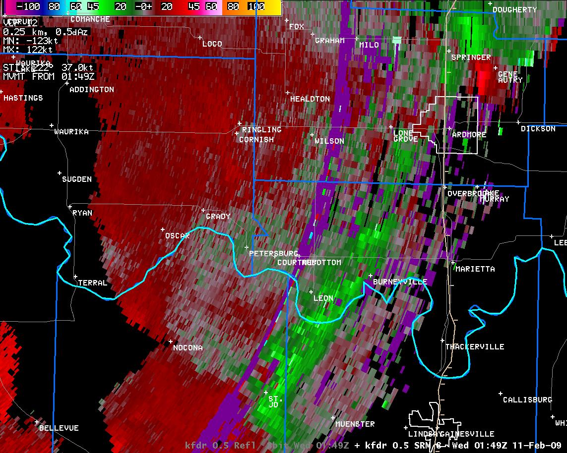 7:49 pm CST KFDR Storm Relative Velocity Image