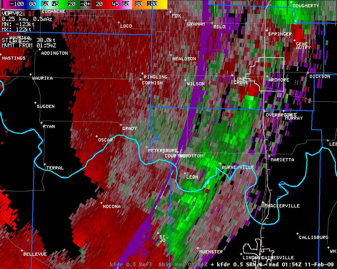 7:54 pm CST KFDR Storm Relative Velocity Image