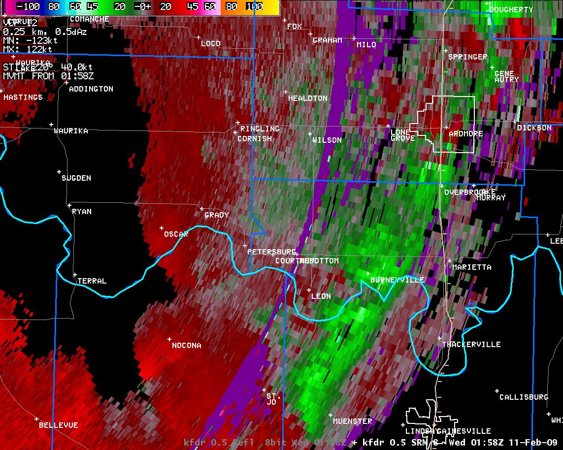 7:58 pm CST KFDR Storm Relative Velocity Image