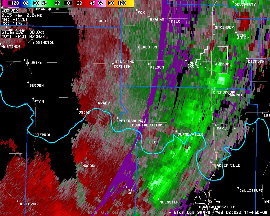 8:02 pm CST KFDR Storm Relative Velocity Image