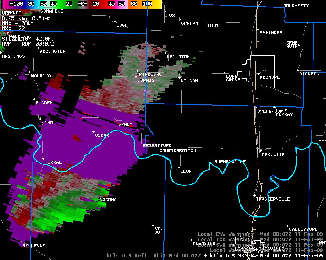 6:07 pm CST KTLX Storm Relative Velocity Image