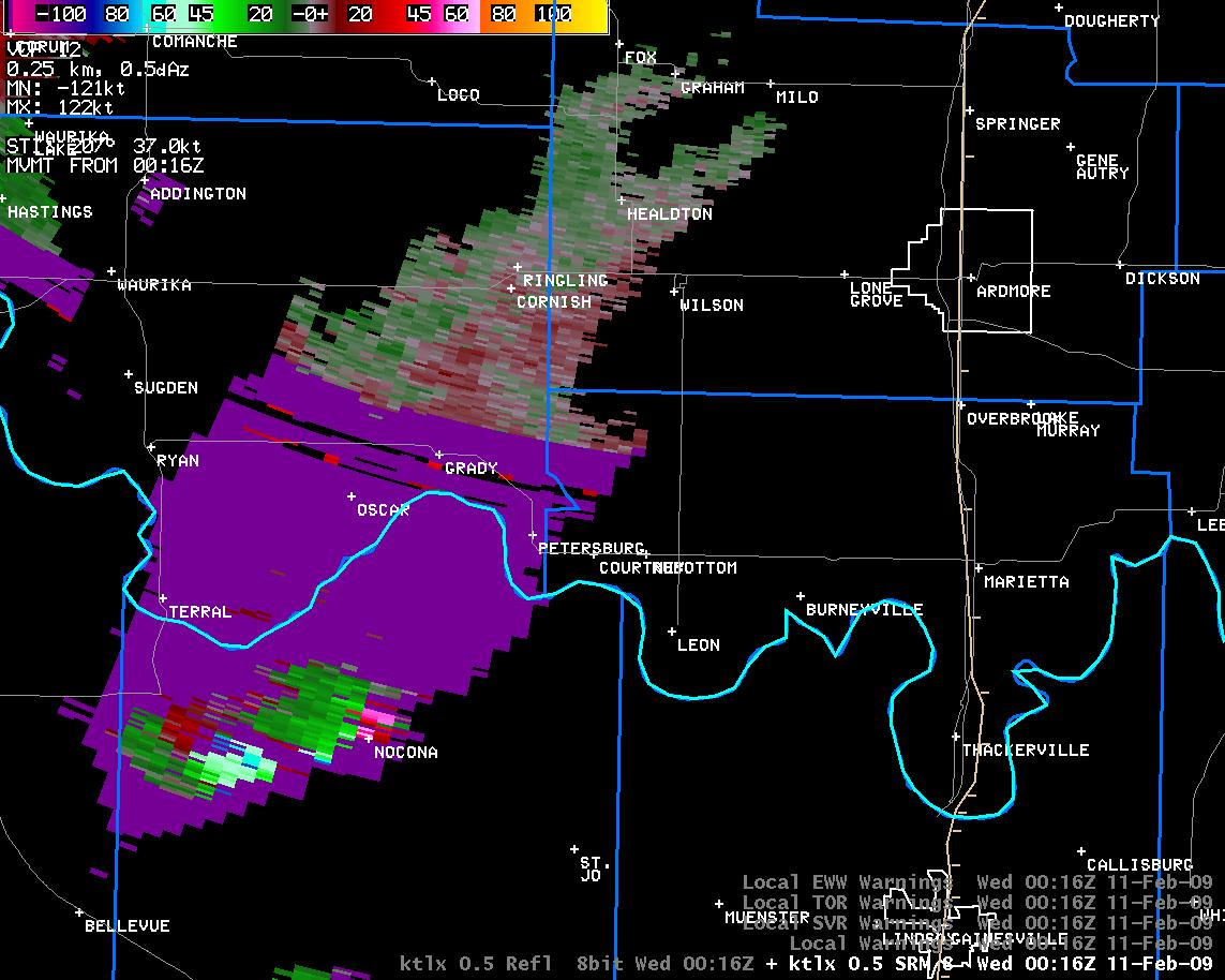 6:16 pm CST KTLX Storm Relative Velocity Image