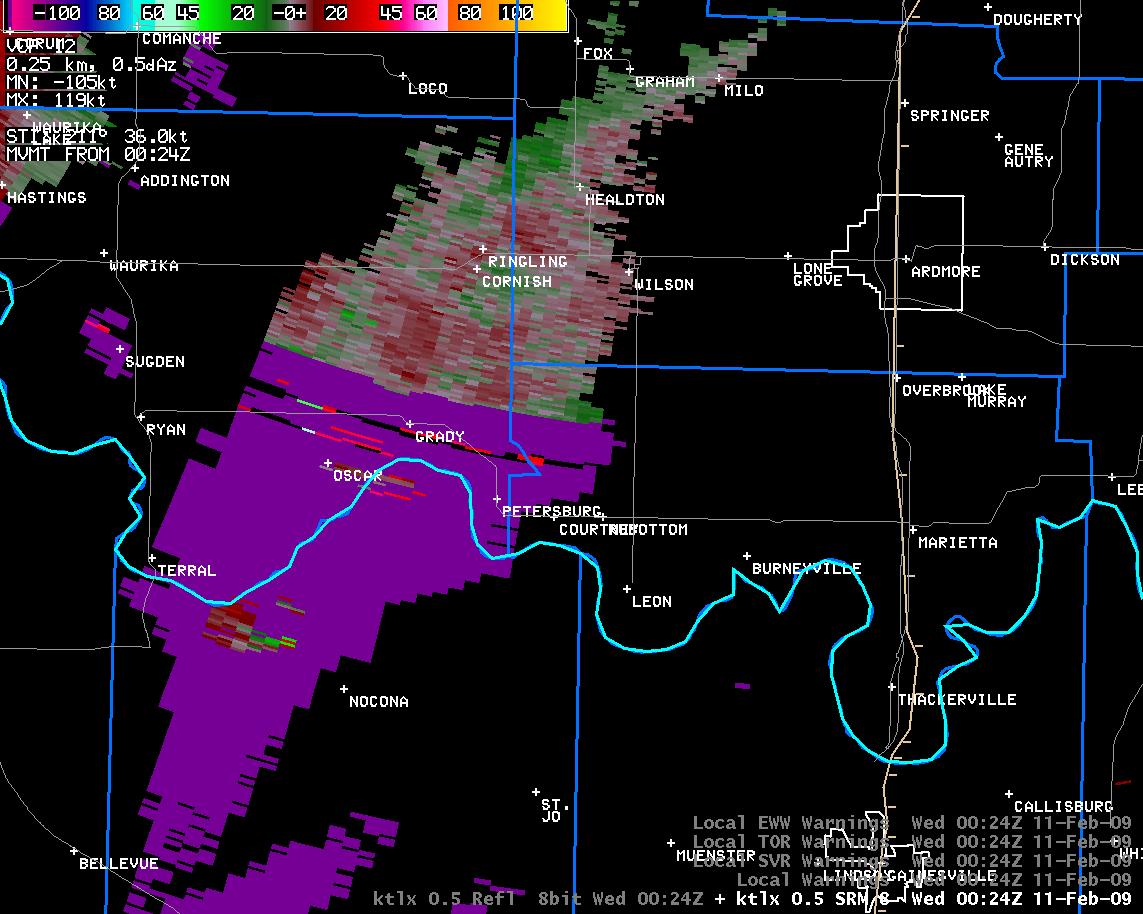 6:24 pm CST KTLX Storm Relative Velocity Image