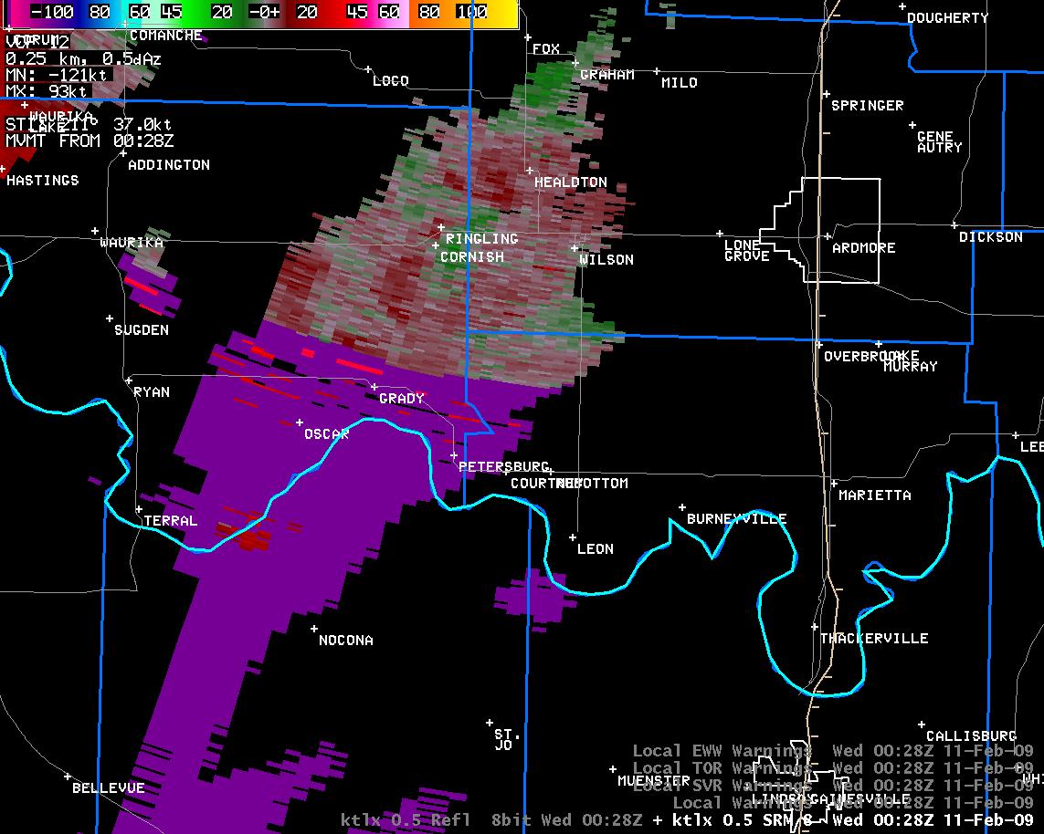 6:28 pm CST KTLX Storm Relative Velocity Image