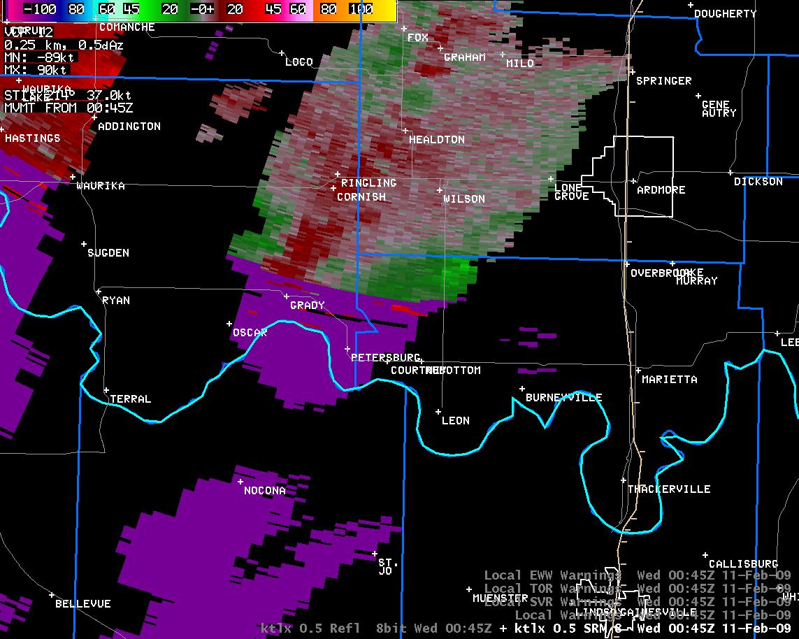 6:45 pm CST KTLX Storm Relative Velocity Image