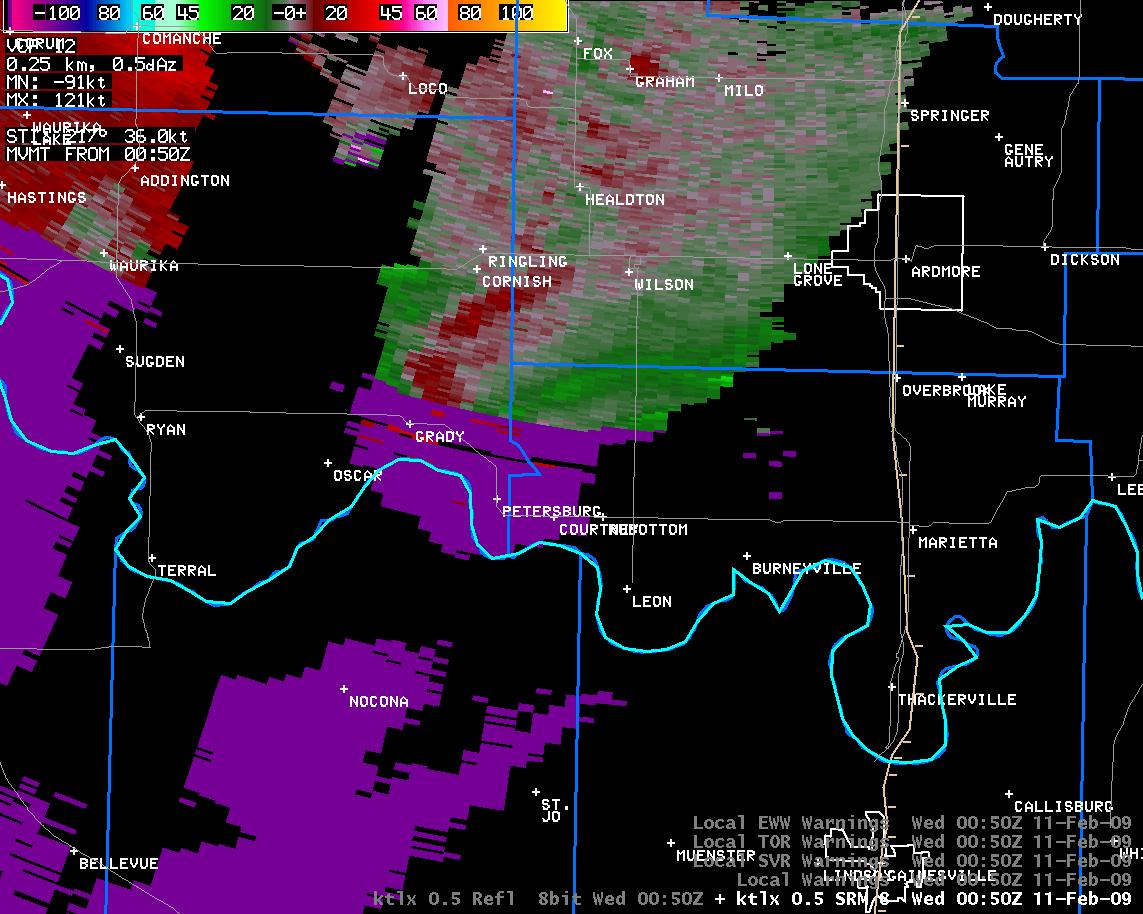 6:50 pm CST KTLX Storm Relative Velocity Image