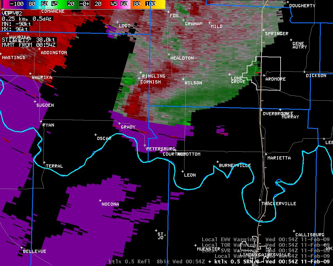 6:54 pm CST KTLX Storm Relative Velocity Image