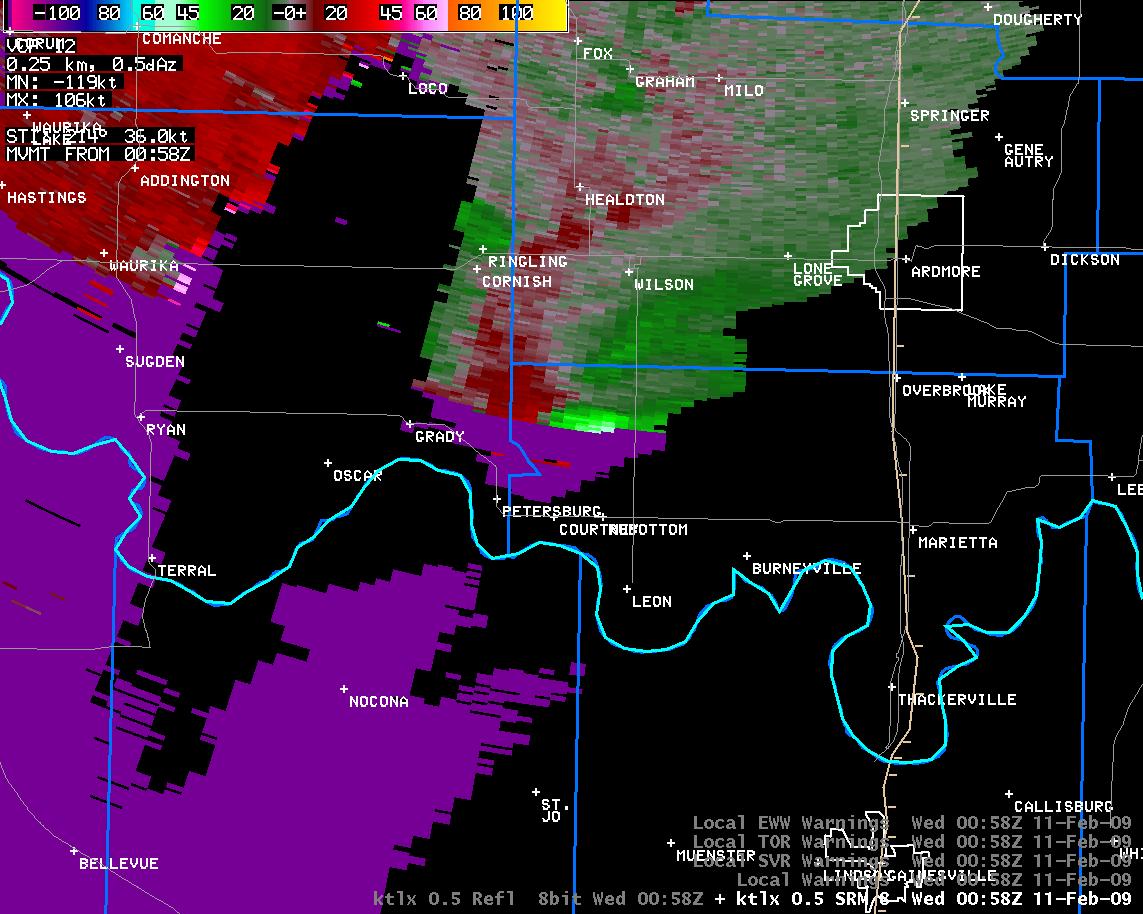 6:58 pm CST KTLX Storm Relative Velocity Image