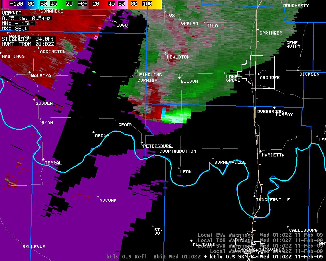 7:02 pm CST KTLX Storm Relative Velocity Image