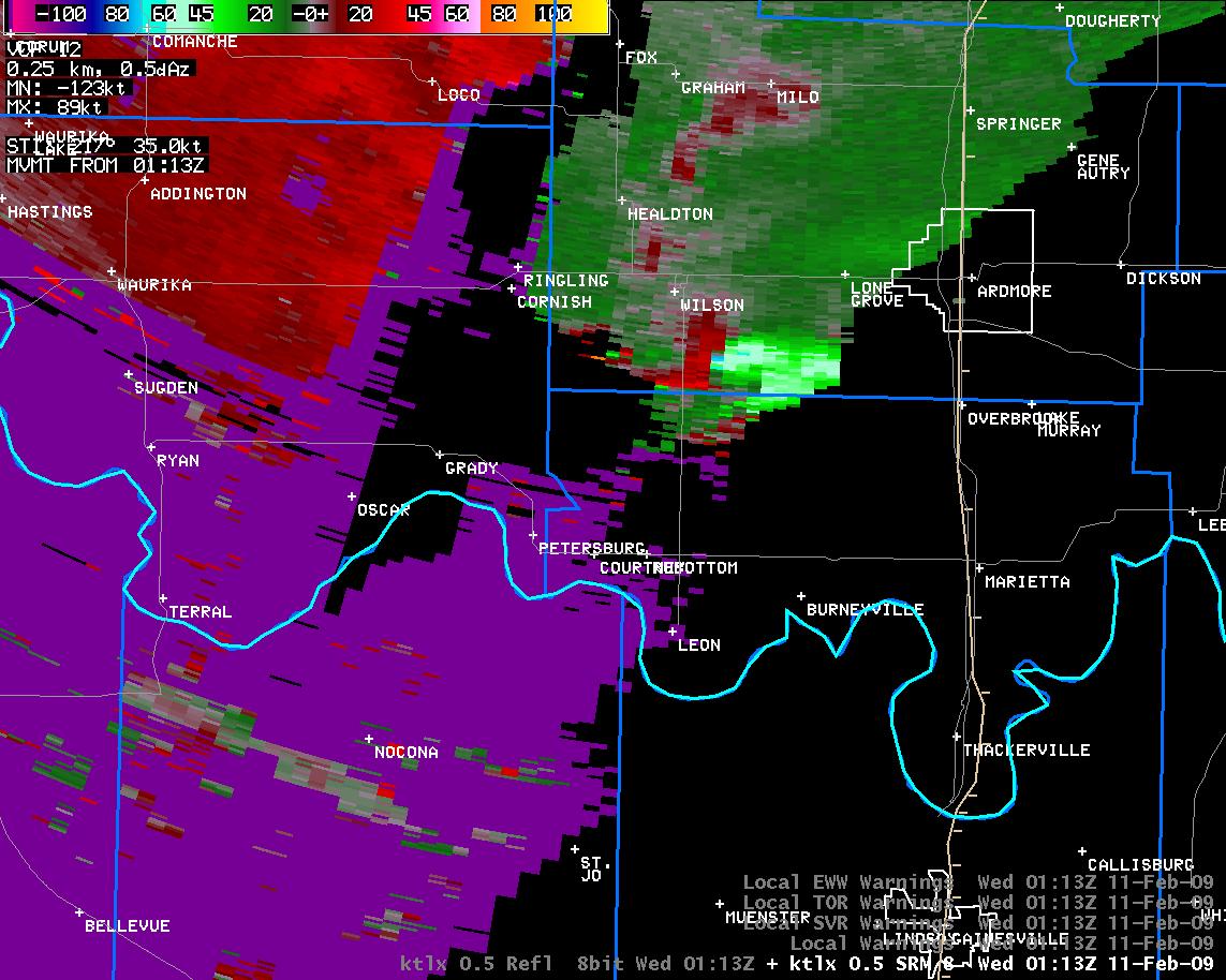 7:13 pm CST KTLX Storm Relative Velocity Image