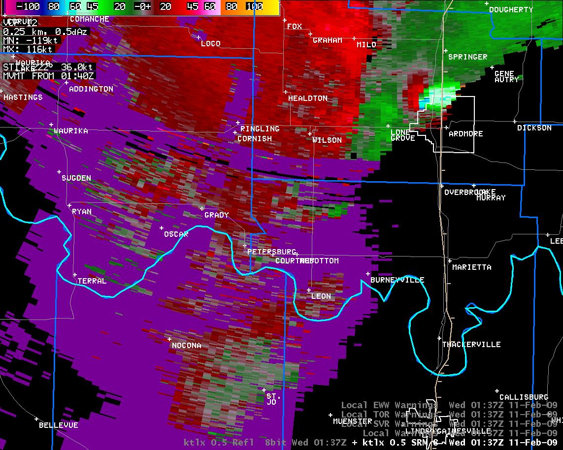 7:37 pm CST KTLX Storm Relative Velocity Image