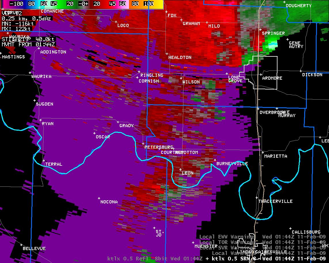 7:44 pm CST KTLX Storm Relative Velocity Image