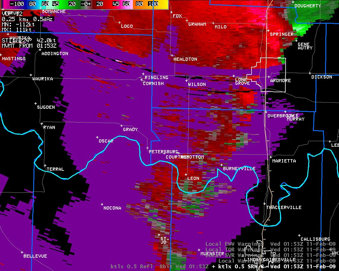 7:53 pm CST KTLX Storm Relative Velocity Image