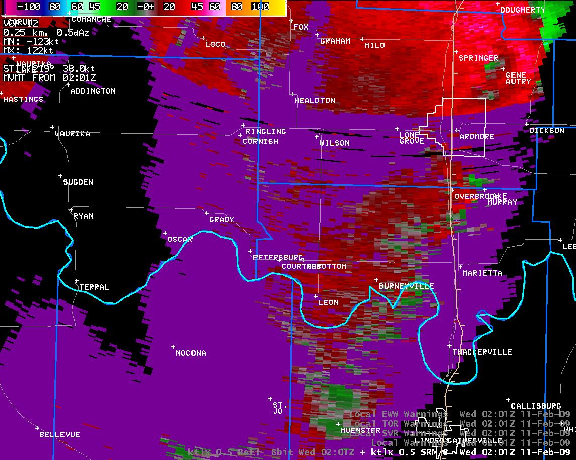 8:01 pm CST KTLX Storm Relative Velocity Image