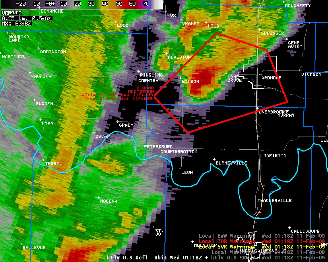 KTLX Reflectivity Image and Warning Polygons at 7:18 pm CST on February 10, 2009