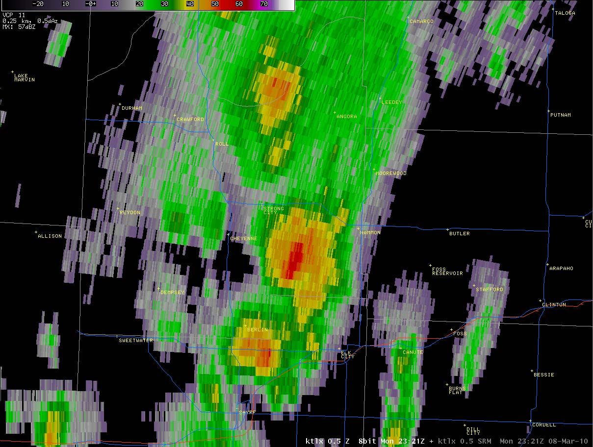 0.5 degree reflectivity at 5:21 PM CST from the Twin Lakes, OK radar