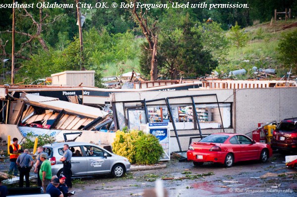 Damage to a gas station near Interstate 40 in southeast Oklahoma City, OK.