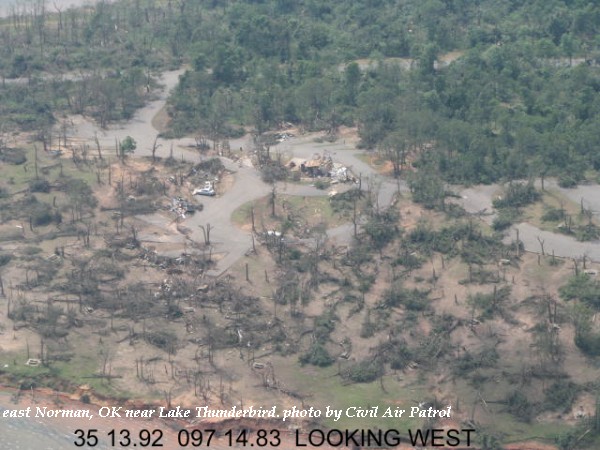 Damage at the edge of Lake Thunderbird in east Norman, OK