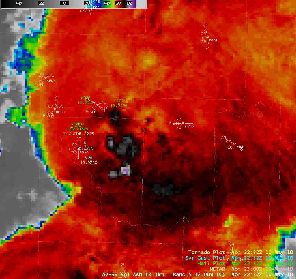 A close-up IR view on May 10, 2010 at 5:32 PM CDT showing the cluster of very cold IR cloud top temperatures (as cold as -84 C, purple enhancement) that a short time earlier was likely associated with the reports of a couple of tornadoes and hail of 4.00 and 3.75-inch in diameter in the Norman and Tinker AFB areas.