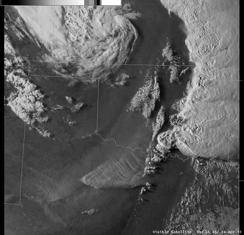 Visible Satellite Image of the storm system affecting Oklahoma. Image is valid 6:45 pm CDT, 4/14/2011